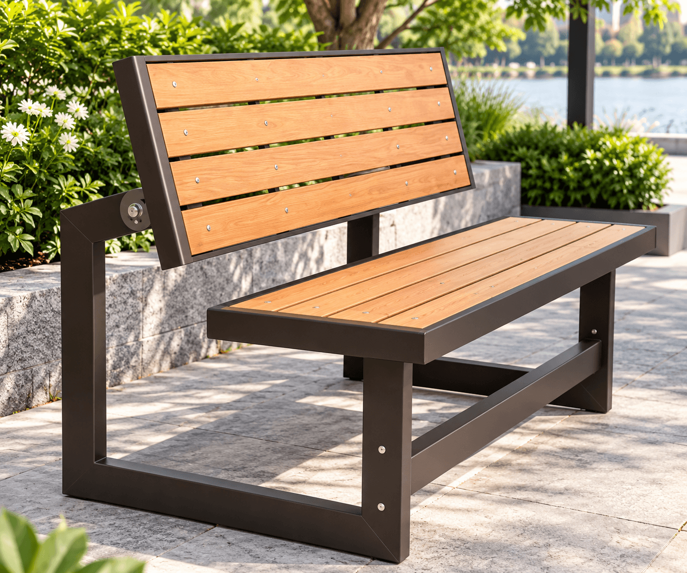 AD-182 Brown Metal And Teak Wood Bench
